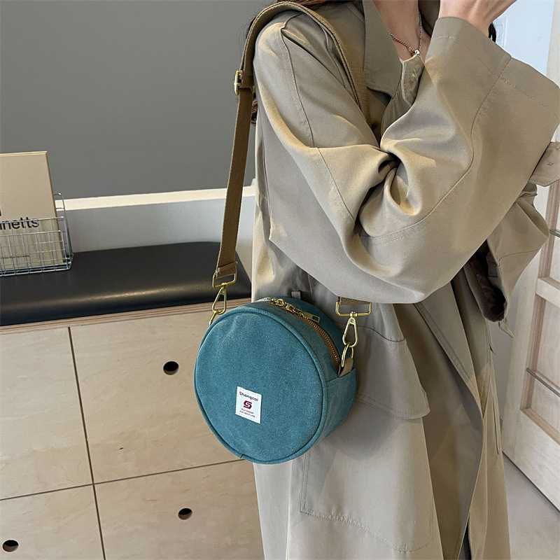 Women's canvas round bag one-shoulder crossbody bag fashionable and fashionable cute retro fashionable versatile round bag